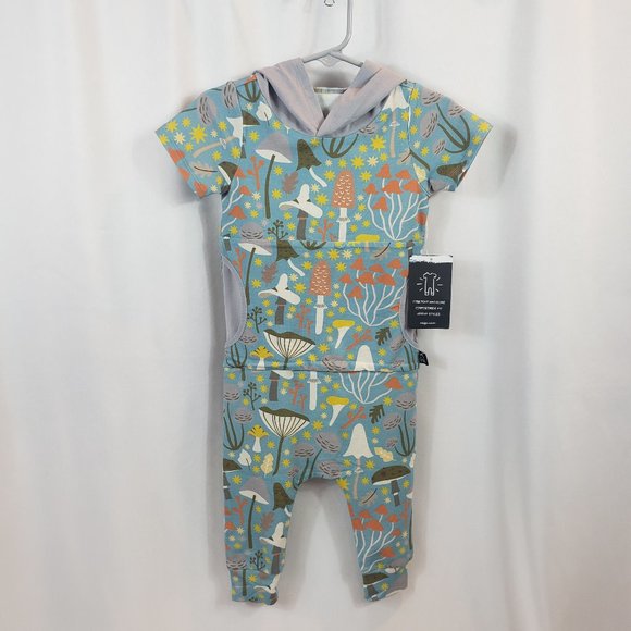 Rags to Raches Other - RAGS Short Sleeved Hooded Blue Romper with Printed Mushrooms, & Kangaroo Pocket